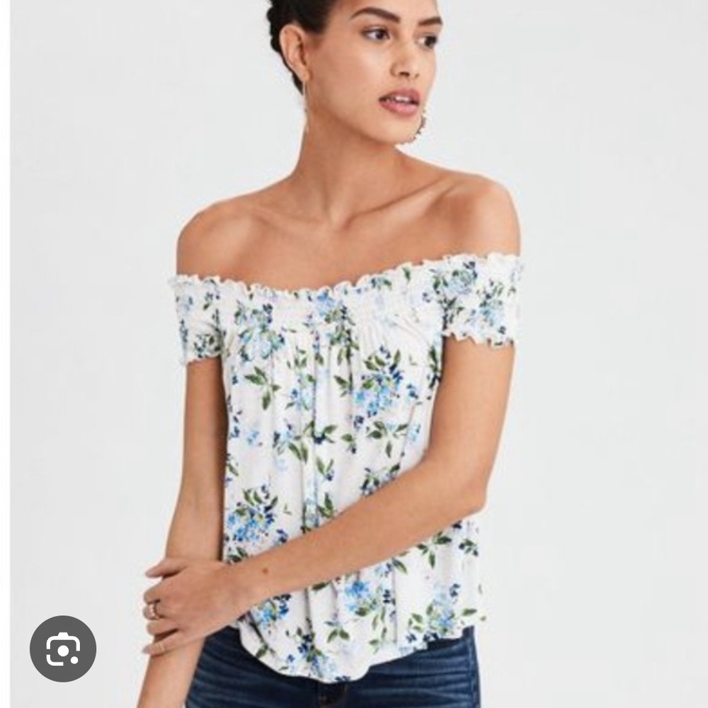American Eagle Outfitters Floral Off-Shoulder Blouse - White and Blue